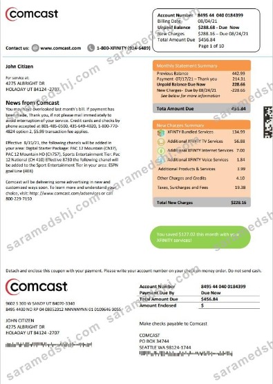USA Utah Comcast utility bill template in Word and PDF format version 2